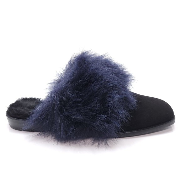 Stuart Weitzman Furgetit Raven Long Claw Blue Shearling Black Suede Mules Sz 7.5 - Picture 1 of 9
